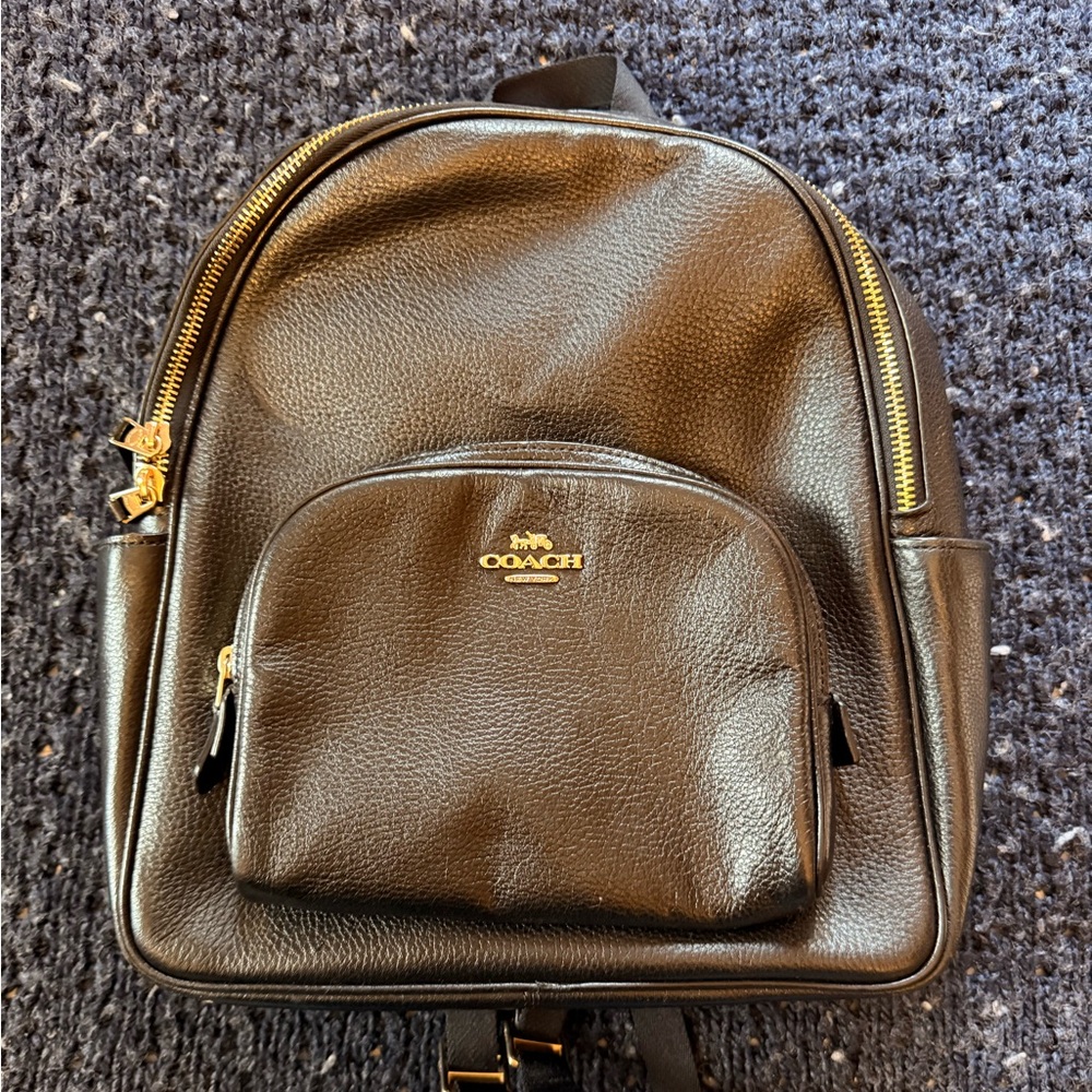 Coach Black Leather Backpack with Gold Details